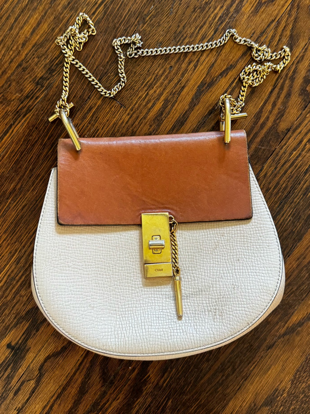 Chloe Two-Tone White and Brown Leather Chain Satchel Read Description